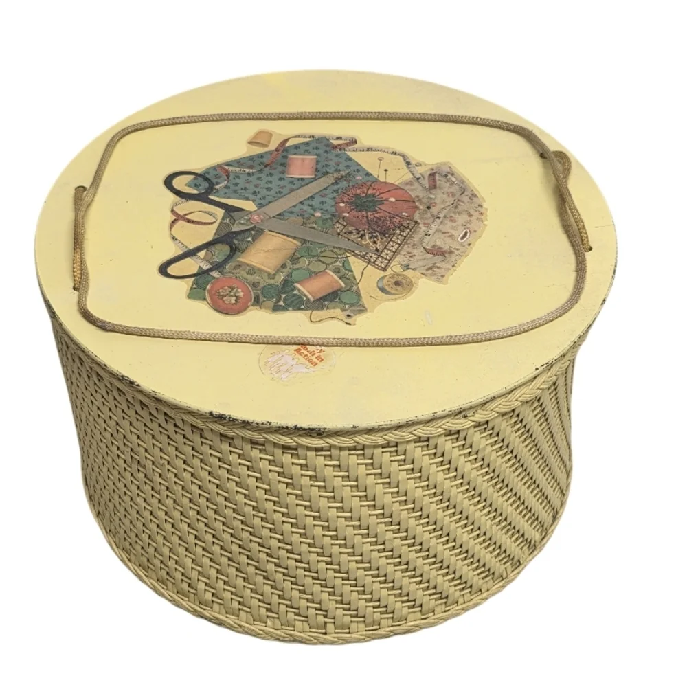 Vintage Soft Yellow Wicker Sewing Basket